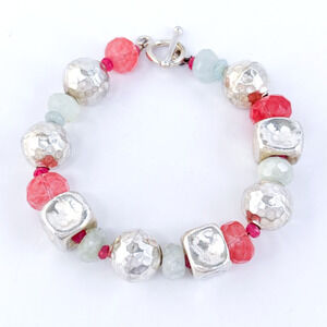 Vintage Sterling Silver 925 Chunky Hammered Bead, Aqua, and Glass Bracelet 8"